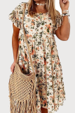 Casual Sweet Floral Split Joint Flounce O Neck A Line Dresses