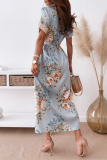 Fashion Elegant Floral Buckle Slit With Belt Turndown Collar A Line Dresses