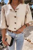 Elegant Solid Buckle Stringy Selvedge Turndown Collar Blouses(3 Colors)
