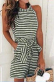 Casual Patchwork Bandage With Belt O Neck Loose Rompers