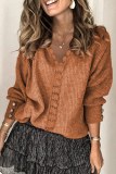 Casual Solid Lace Patchwork Buckle V Neck Tops