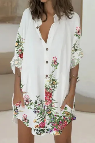 Casual Print Pocket Mandarin Collar Shirt Dress Dresses