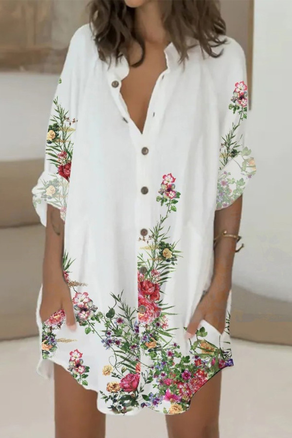 Casual Print Pocket Mandarin Collar Shirt Dress Dresses