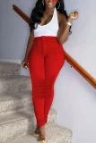 Red venetian Button Fly Mid Solid Draped Straight Pants Bottoms