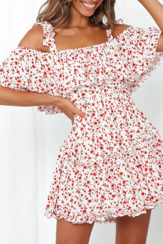 Fashion Sweet Print Split Joint Spaghetti Strap A Line Dresses