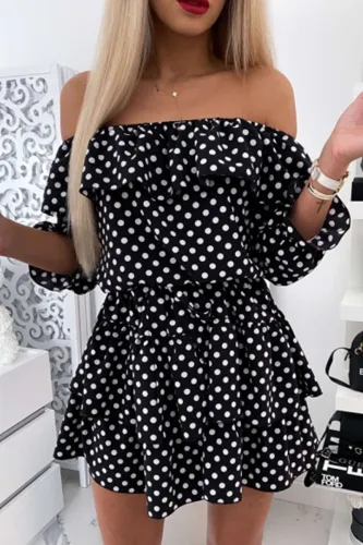 Fashion Street Polka Dot Split Joint Off the Shoulder Waist Skirt Dresses