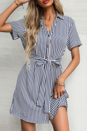 Elegant Striped Buckle With Belt Turndown Collar A Line Dresses