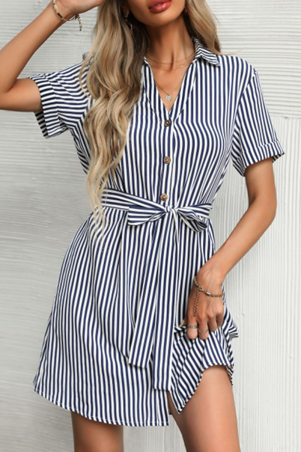 Elegant Striped Buckle With Belt Turndown Collar A Line Dresses