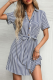 Elegant Striped Buckle With Belt Turndown Collar A Line Dresses