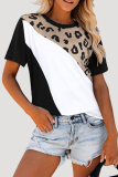 Casual Patchwork Leopard Contrast O Neck T-Shirts