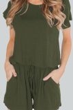 Casual Striped Solid Hollowed Out Buttons O Neck Straight Rompers