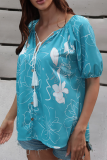 Casual Floral Frenulum Buckle V Neck T-Shirts