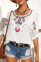 Casual Embroidery Split Joint O Neck T-Shirts