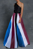 Fashion Elegant Patchwork Contrast Oblique Collar Waist Skirt Dresses