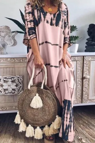 Casual Print O Neck Straight Dresses