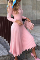 Elegant Solid Basic O Neck Pleated Dresses