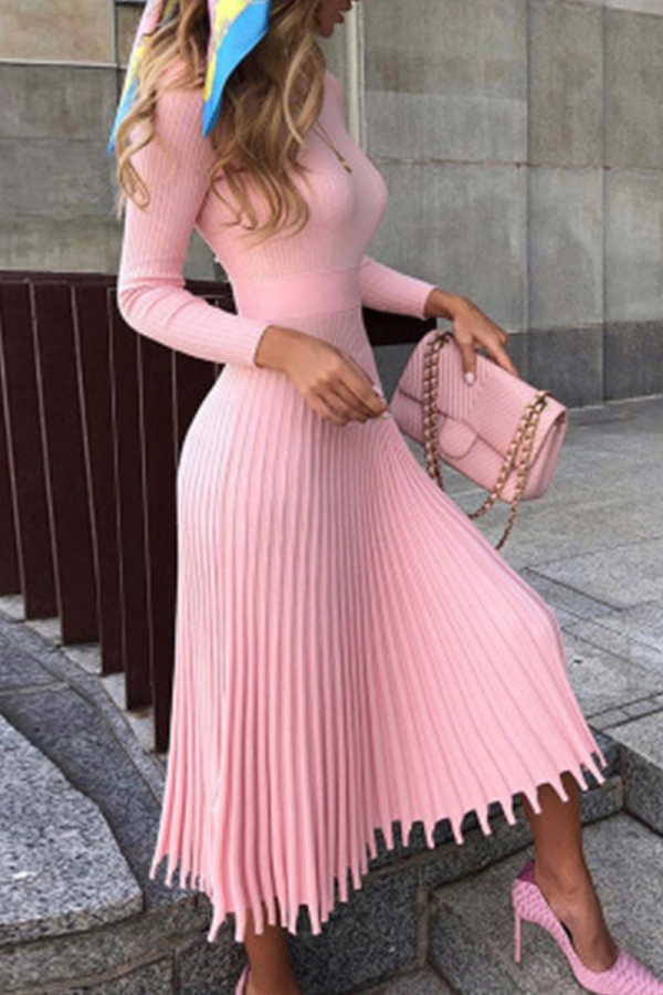 Elegant Solid Basic O Neck Pleated Dresses