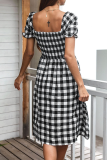 Fashion Elegant Plaid Split Joint Slit Square Collar A Line Dresses