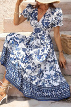 Elegant Vacation Floral Patchwork V Neck A Line Dresses