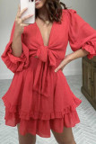 Fashion Street Solid Split Joint V Neck Cake Skirt Dresses