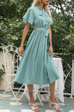 Elegant Print Frenulum With Bow Ribbon Collar Pleated Dresses
