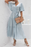Elegant Solid Split Joint With Belt V Neck Cake Skirt Dresses