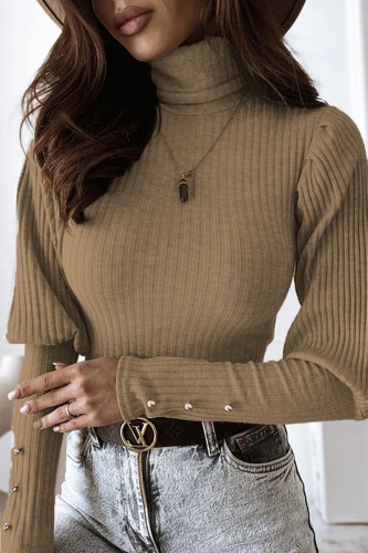 Casual Solid Buckle Fold Turtleneck Tops