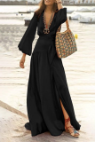 Casual Solid Patchwork V Neck Cake Skirt Dresses