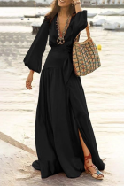Casual Solid Patchwork V Neck Cake Skirt Dresses