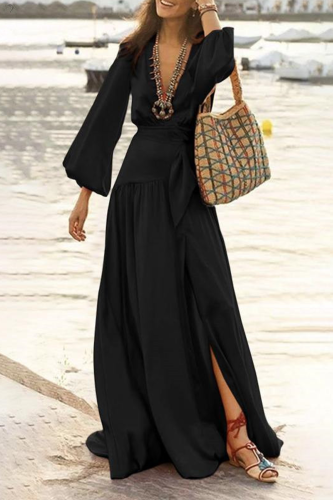 Casual Solid Patchwork V Neck Cake Skirt Dresses