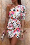 Elegant Floral Split Joint Oblique Collar Wrapped Skirt Dresses