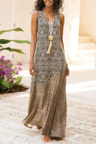 Fashion Elegant Print Split Joint V Neck A Line Dresses