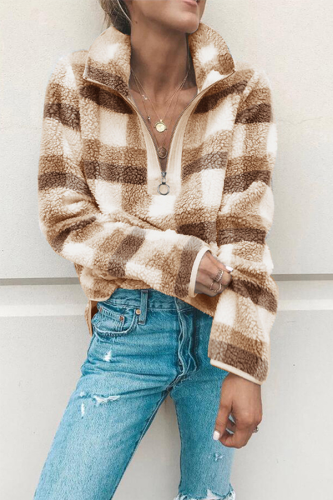 Street Plaid Patchwork Zipper Zipper Collar Tops