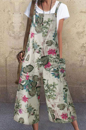 Casual Print Pocket Buttons Capris Square Collar Loose Jumpsuits