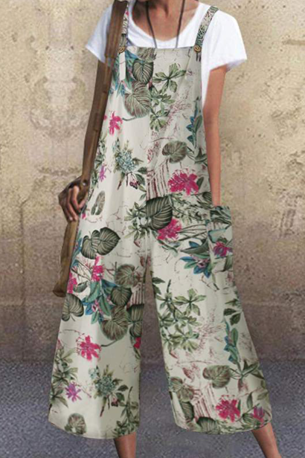 Casual Print Pocket Buttons Capris Square Collar Loose Jumpsuits