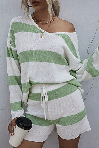 Fashion Casual Striped Split Joint V Neck Long Sleeve Two Pieces