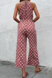 Casual Sweet Polka Dot Bandage Pocket Halter Loose Jumpsuits