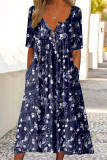 Casual College Print Pocket Buttons O Neck Long Sleeve Dresses