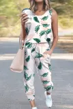 Casual Street Gradual Change Floral Draw String Pocket O Neck Sleeveless Two Pieces