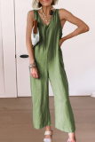 Casual Solid Split Joint V Neck Straight Jumpsuits