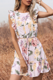 Fashion Elegant Floral Frenulum Flounce O Neck A Line Dresses