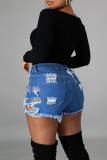 Fashion Street Solid Ripped High Waist Straight Denim Shorts