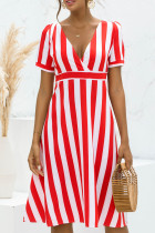 Fashion Sweet Striped Split Joint V Neck A Line Dresses