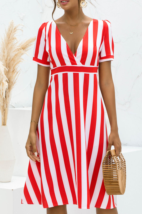 Fashion Sweet Striped Split Joint V Neck A Line Dresses
