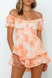 Fashion Street Print Patchwork Off the Shoulder Loose Rompers