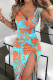 Sexy Print Patchwork Slit V Neck Straight Dresses