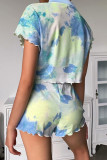 Fashion Living Tie Dye Split Joint O Neck Short Sleeve Two Pieces