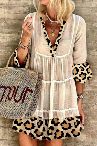 Casual Elegant Leopard Lace Patchwork V Neck A Line Dresses