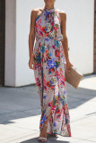 Fashion Street Print Split Joint Halter Waist Skirt Dresses