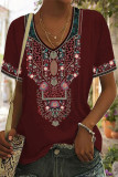 Casual College Geometric Print Patchwork V Neck T-Shirts